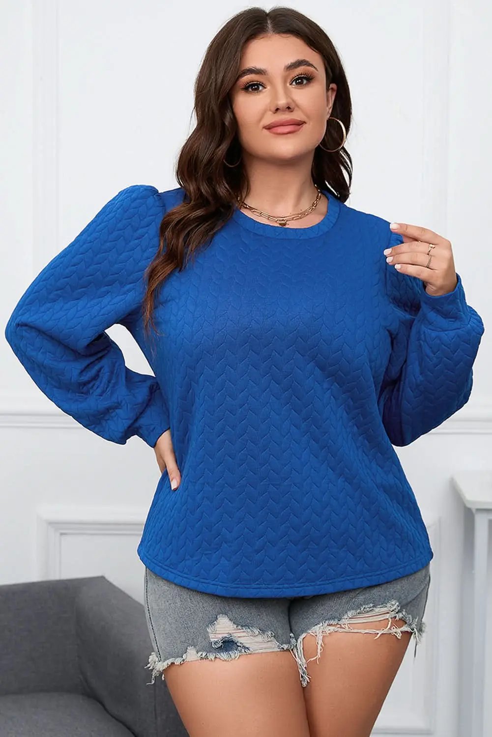 Chic dark blue plus size puff sleeve top - Love Salve